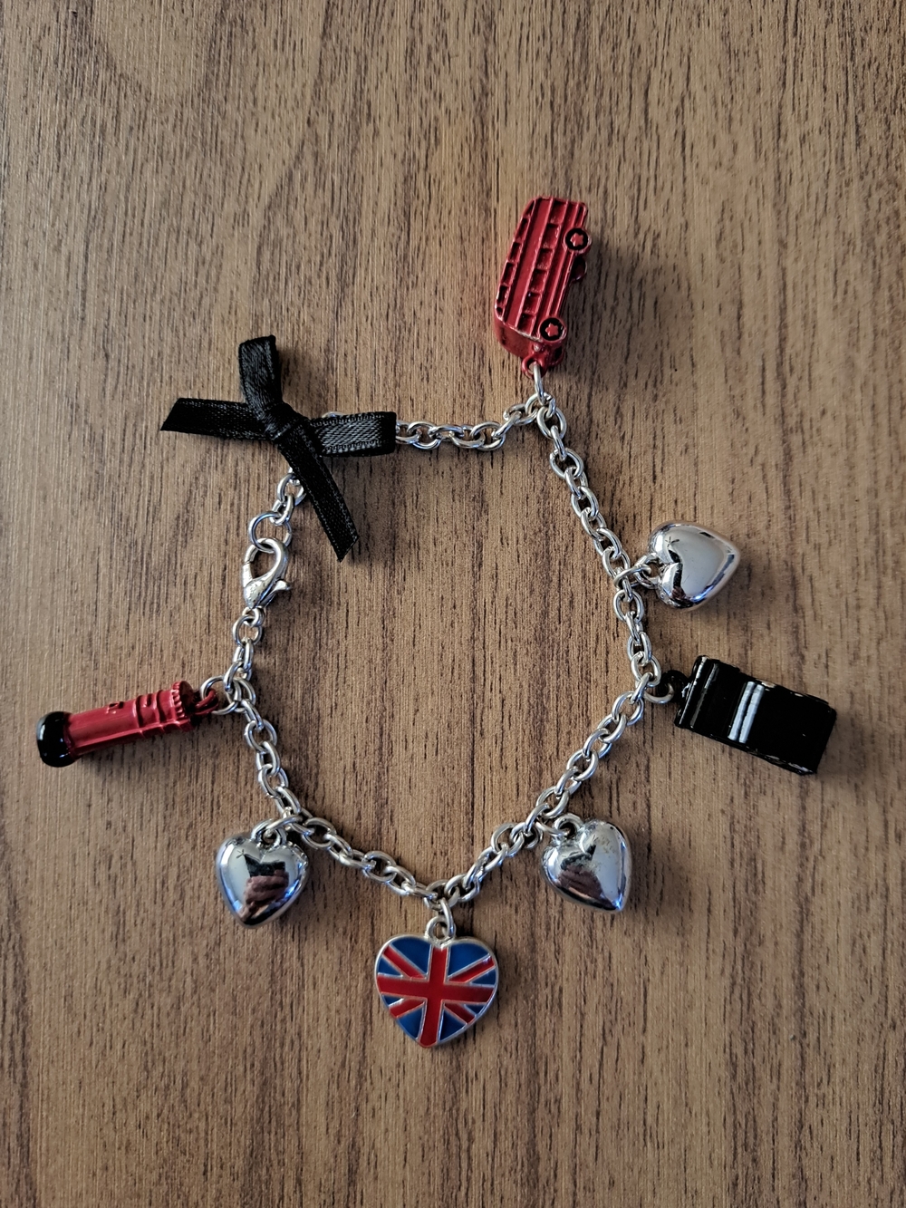 UK Themed Charm Bracelet Union Jack Heart Charm - Red, Black & Silver